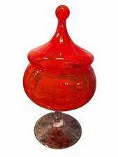 Empoli Apothecary Candy Jar Red Circus Tent Lid Handblown  MCM 11” Italy picture