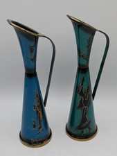 Vtg 2 Israel Brass Enamel Ewers Jerusalem Figures Hand Painted Blue Green picture