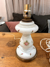 Authentic 1910s Victorian milk glass lamp w/ hand painted roses and brass base picture