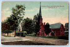 c1914 Oneonta New York Postcard Chestnut Street Methodist Church Railway Trolley picture