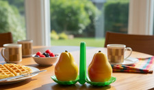 Vintage MCM Plastic Pear Fruit Salt Pepper Shakers Caddy Kitchen Kitsch picture