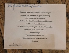 Vintage Metropolitan Club Invitation Wedemeyer Lord Mountbatten New York WW2 picture