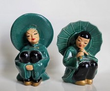 Vintage '50s Mid-Century Japanese Man/Woman Ceramic Figurine Pair w/Umbrellas picture