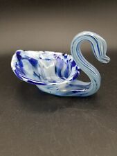 Swan Trinket Dish, Handmade, Blue & White Slag Glass, 3