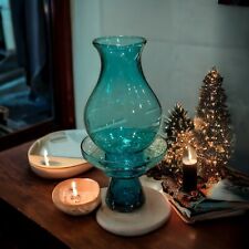 Mid Century Modern Morgantown Glass Peacock Blue Hurricane Candle Holder picture