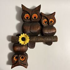 1970's WOOD OWLS Green Mountain Mfg WALL HANGING Felt Eyes Retro Vintage Kitsch picture