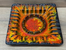 Vintage MCM Beard Mfg Co #2 Ceramic Ashtray Lava Drip Glaze Orange Red Fire picture