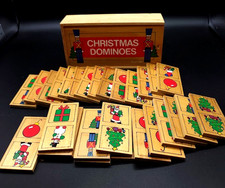 Vintage 1992 Lillian Vernon Wooden Christmas Dominoes Complete Holiday Set picture