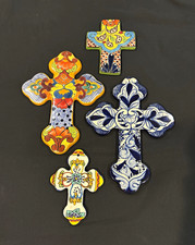 4 Mexican Talavera Style Ceramic Wall Crosses Hand Painted Folk Art Mexico picture