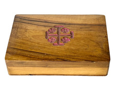 VINTAGE SIGNED JERUSALEM CROSS OLIVE WOOD HINGED TRINKET BOX -  ISRAEL HOLY LAND picture