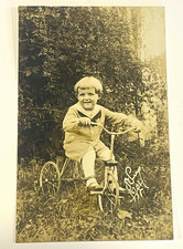 Vintage 1921 RPPC Real Photo Postcard Boy Riding Antique Metal Tricycle Bike AZO picture