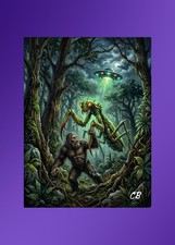 Bigfoot vs Mantis Alien ACEO Giclee Print | UFO Jungle Horror | Sci-Fi Cryptid picture