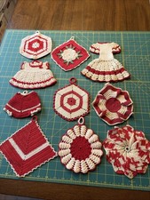 Lot 10 Vtg RED WHITE Hand Crochet Potholders Hot Pads Shirt Shorts dress flowers picture