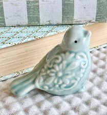 New Small Country Cottage Scroll & Floral Aqua Blue Ceramic Upright Bird 3.5” picture