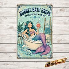 Mermaid Bathing Scene Retro Metal Tin Sign Nautical Bathroom Wall Decor picture