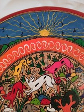 Vintage Mexican  Ritual Hand Painted Teracotta Folk Art Hanging Wall Plate 12,5