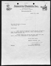 1939 Abbotts Dairies Philadelphia Letterhead to Dent Hardware Fullerton, PA picture