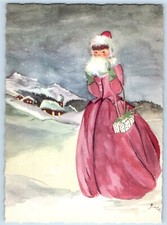c1930's Pretty Girl Dressed Pink Snow Winter Scene Signed Artist Postcard picture