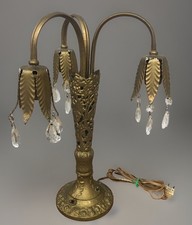 Vintage Art Nouveau 3-Light Tulip Table Lamp Ornate Base Brass Metal w/ Crystals picture
