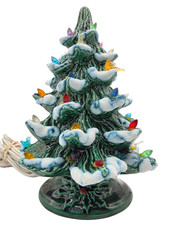 Ceramic Green 7” Christmas Tree Nowell’s Molds 2 Piece Frosted Small Bird 1979 picture