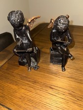 Vintage cast bronze cherub bookends pair heavy antique angel muses picture