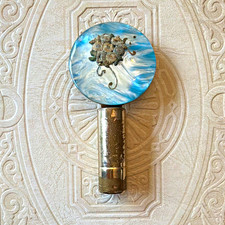 Vintage Blue Mother-Of-Pearl Floral Embroidery Compact w/ Lipstick Tube picture