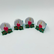 VTG Christmas Candle Napkin Rings Set of 4 Silver Pink Holly Retro Holiday Table picture