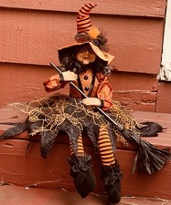 Halloween Witch Doll Shelf Sitter 21” Black Orange Spider Web Raffia Broom Decor picture