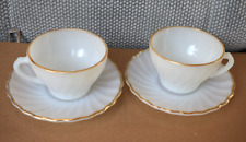 Vintage Fire King Anchor Hocking Cup Saucer Pair White Milk Glass Gold Edge picture