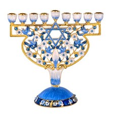 David Star Menorah Jeweled Blue & White Enamel Menorah Hanukkah Gift Chanukah picture