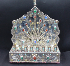 Turkmen Alpaka Judaica Hanukkah Menorah, Candle Holder, Gemstones Menorah #H03 picture