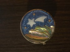 Vintage Silver Tone Hinged Trinket Box Pendant Blue Enamel Abalone Star Moon picture