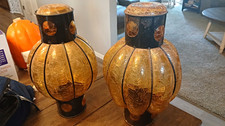 Vintage Amber Crackle Glass Pumpkin Tealight Candle Holder w/ Black Metal Base picture