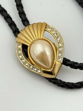 Vintage Bolo Tie Western Cowboy Southwest Gold Tone Faux Pearl Rhinestone picture