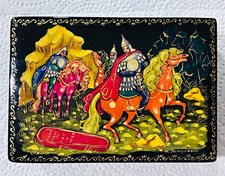 Vibrant, Vintage, Russian Hand Painted Hinged Trinket Box Black Medieval Horse picture
