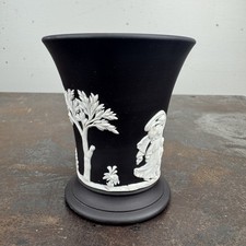 Vtg WEDGWOOD England Jasperware Trumpet VASE Black Matte w/ White 3.75'' picture