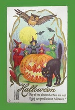 Vintage Stecher Halloween Postcard Witches JOL Black Cat Owl Bats 216 D Embossed picture