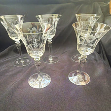 Set of 5 Clear Etched Floral Stemmed Cordial/Coupe crystal Stemware Round picture