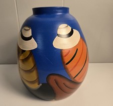 Hand Painted Ceramic Vase Folk Art Blue Orange Figures People With Hats Decor picture