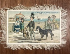 Antique Victorian Christmas Card 1880s Dogs Silk Fringe Chromolithograph 2 Sided picture