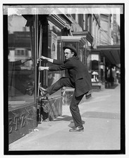 Photo:1924 Man Pushing Store Door On City Sidewalk Hat Suit Street Scene picture