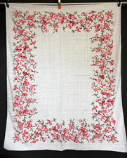 Vintage 1950s pink floral tablecloth rectangular red white cotton linen cherry picture