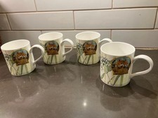 Set of 4 ROY KIRKHAM Fine Bone China Mugs MADE IN ENGLAND Green Floral/Stripes picture