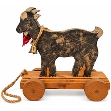 Vintage Shank's Primitive Folk Art Wood Goat Pull Toy 1990s Rustic Country Decor picture