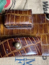 Vintage Croc Leather Embossed Brass Desk Set Pencil Holder Box . Brown picture
