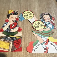 Vintage Valentine’s Day Greeting Cards Lot of 2 Die-Cut Music Theme Boy & Girl picture