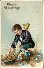 Easter Boy with Chicks and Flowers Animals Embossed c1910s-20s Vintage Postcard picture