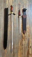 Vtg Ornate Griffin Brass Wood Handle Long And Small Sword Leather Sheath Lot picture