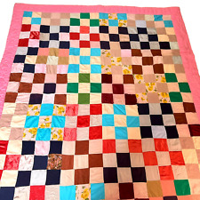Vintage Handmade 60's Patchwork Quilt 70x84 Silk Patches Pink Multi Handsewn picture