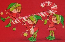UNUSED Vintage CHRISTMAS card, cute elves painting a candy cane 5